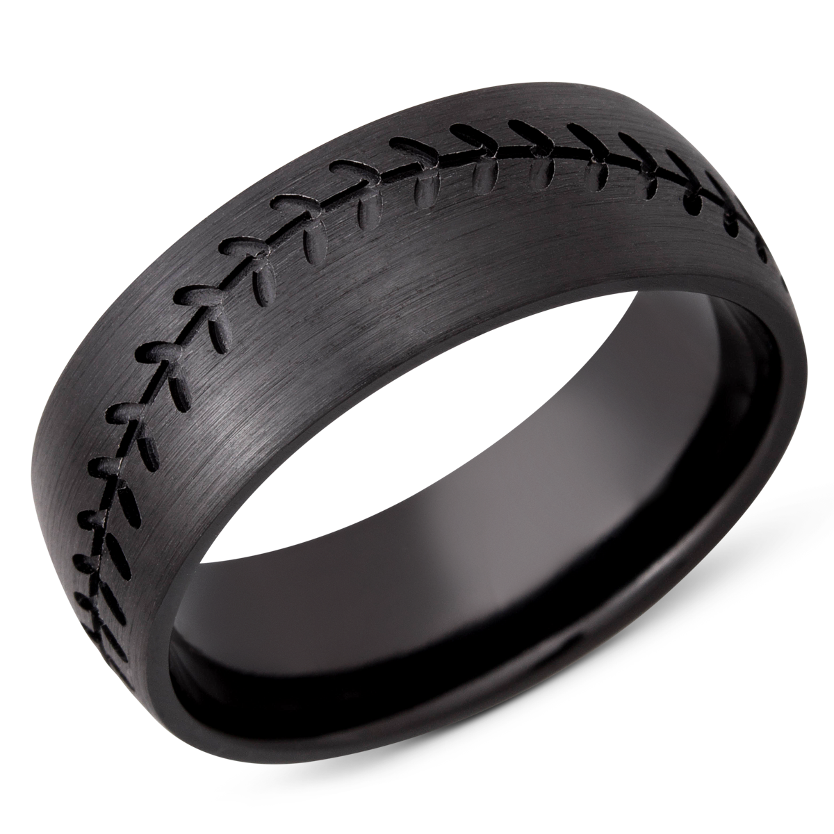 zirconium 8mm domed band with a laser-carved baseball stitch