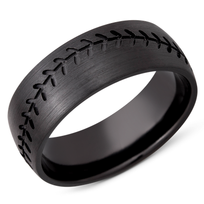 Zirconium 8mm domed band with a laser-carved baseball stitch