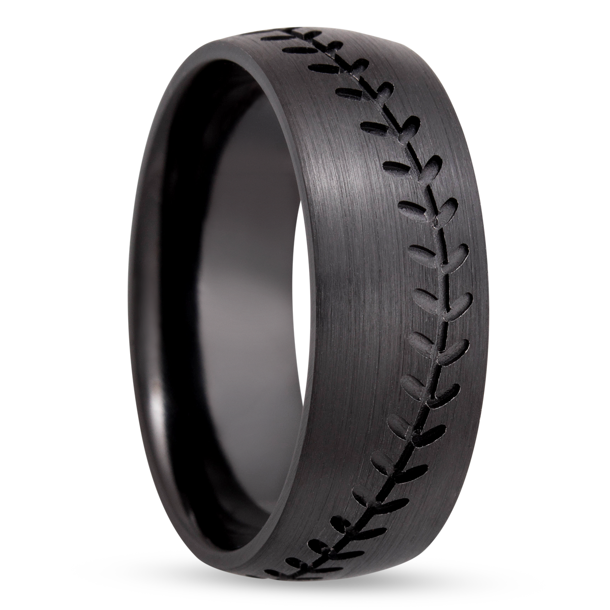 zirconium 8mm domed band with a laser-carved baseball stitch