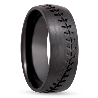 Zirconium 8mm domed band with a laser-carved baseball stitch