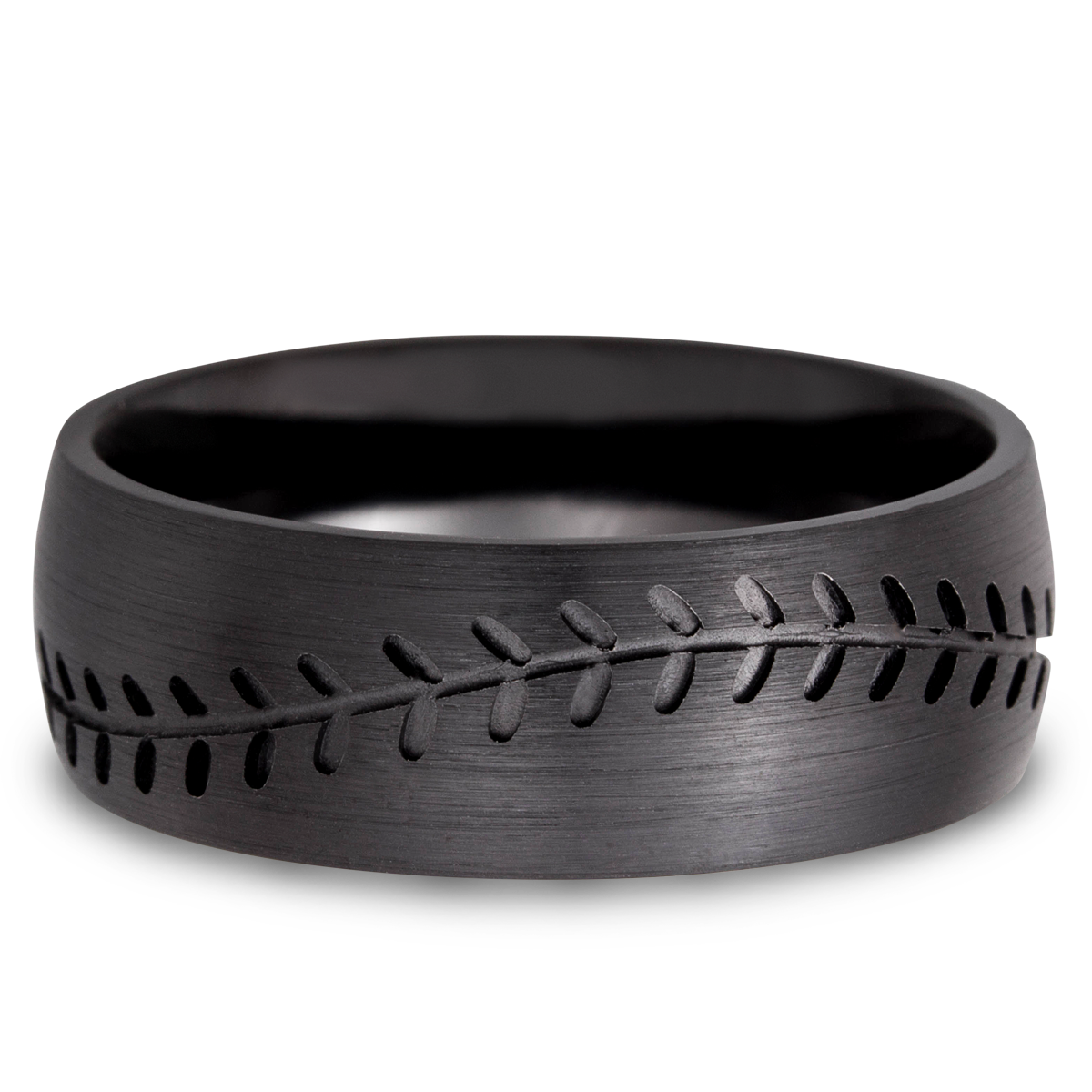 zirconium 8mm domed band with a laser-carved baseball stitch