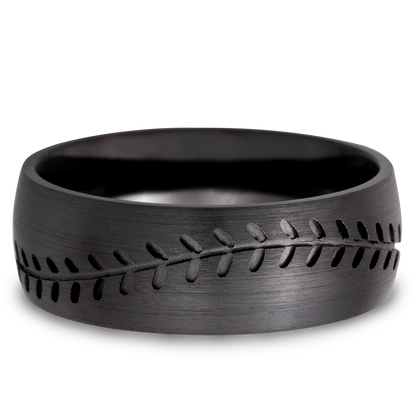 Zirconium 8mm domed band with a laser-carved baseball stitch