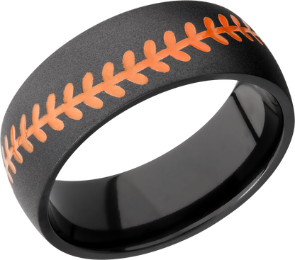 Zirconium 8mm domed band with a laser-carved baseball stitch and orange Cerakote in the recessed stitching