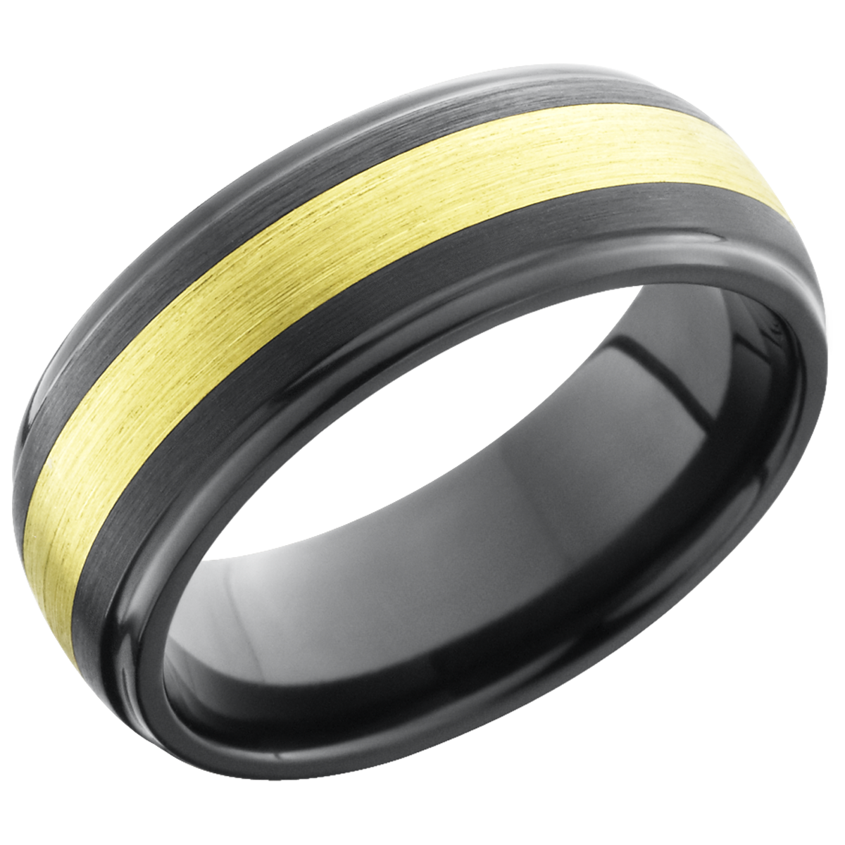 zirconium 8mm domed band with grooved edges and inlay of 18k yellow gold