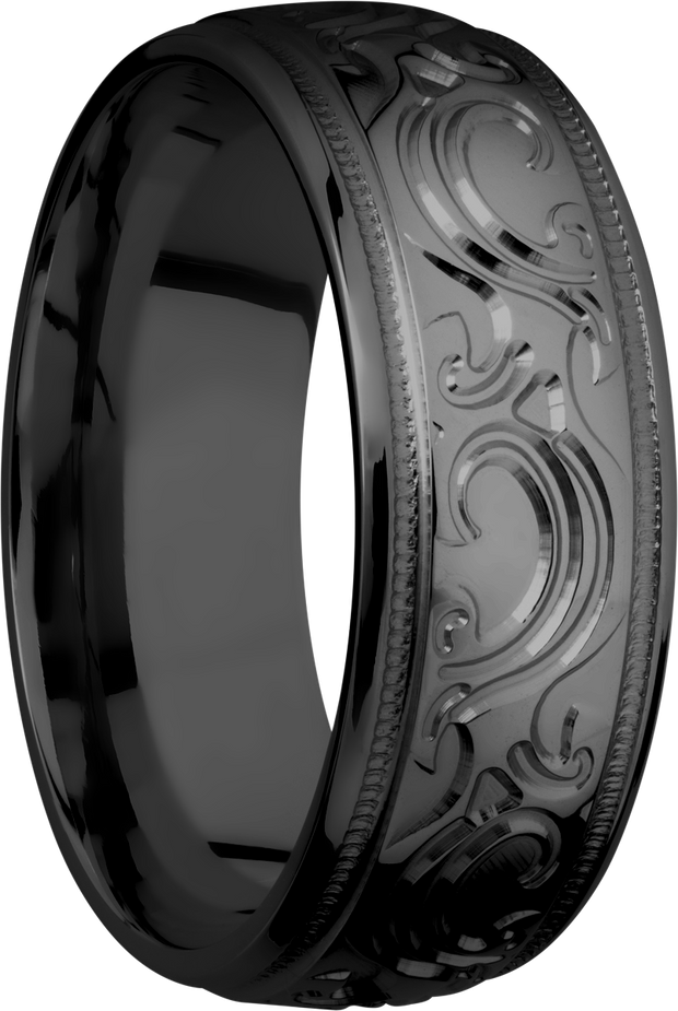 Zirconium 8mm domed band with a laser-carved scroll MJBA pattern