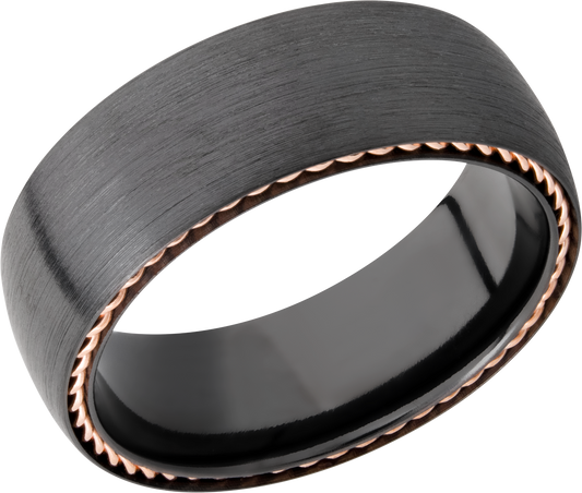 Zirconium 8mm domed band with 14K rose gold sidebraid edging