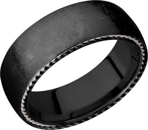 Zirconium 8mm domed band with sterling silver sidebraid edging