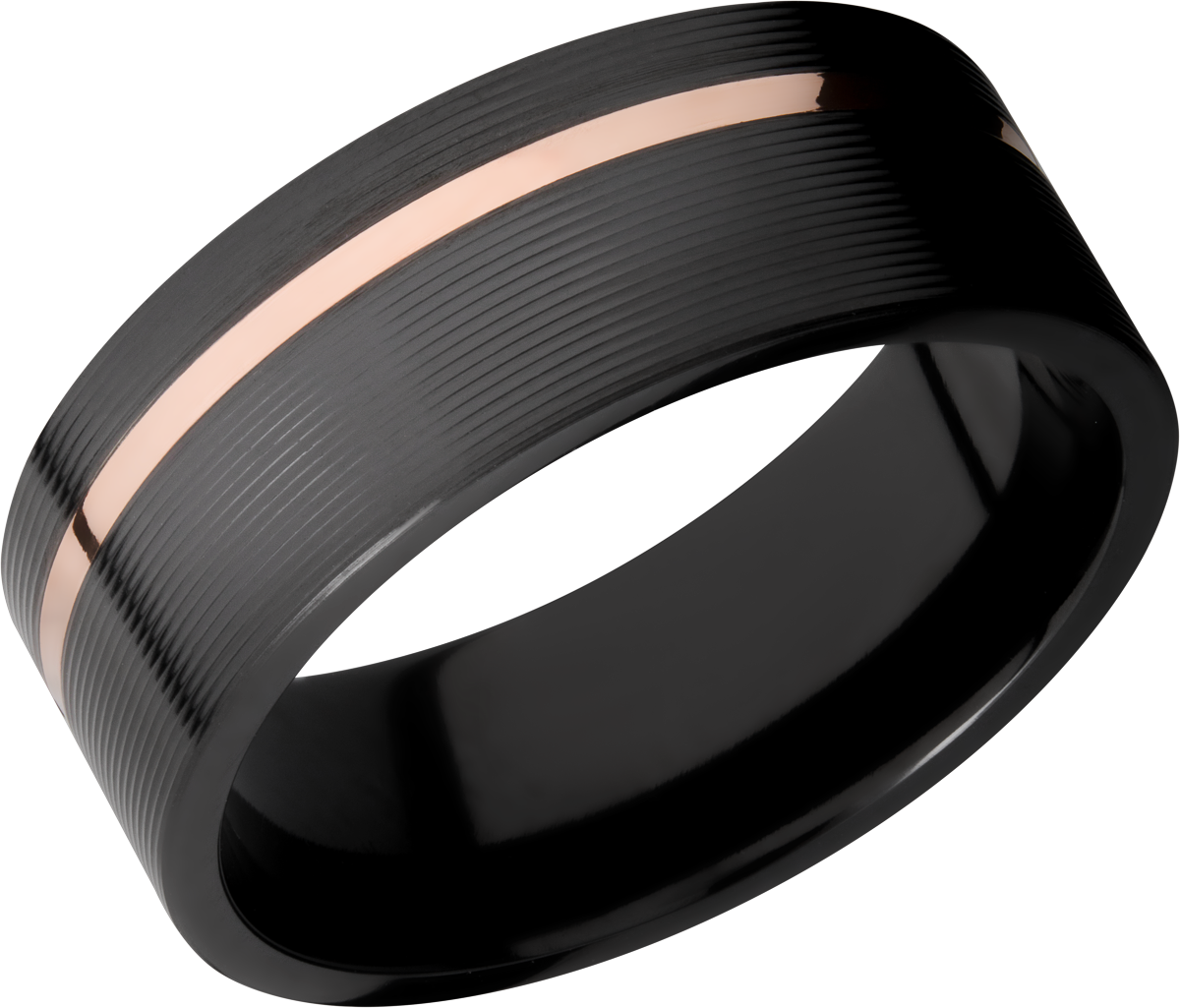 zirconium 8mm flat band with an off center inlay of 14k rose gold