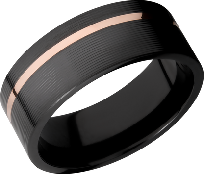 Zirconium 8mm flat band with an off center inlay of 14K rose gold