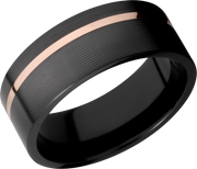 Zirconium 8mm flat band with an off center inlay of 14K rose gold