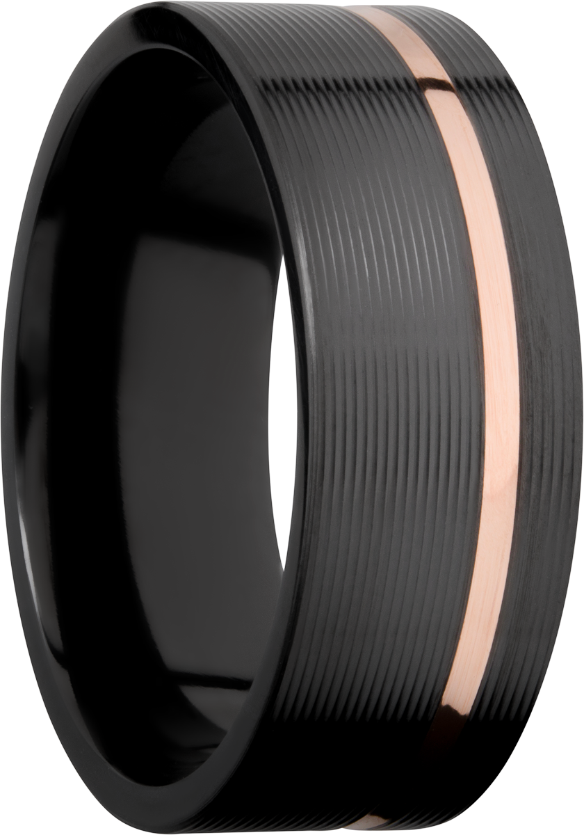 zirconium 8mm flat band with an off center inlay of 14k rose gold