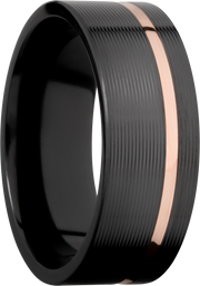 Zirconium 8mm flat band with an off center inlay of 14K rose gold