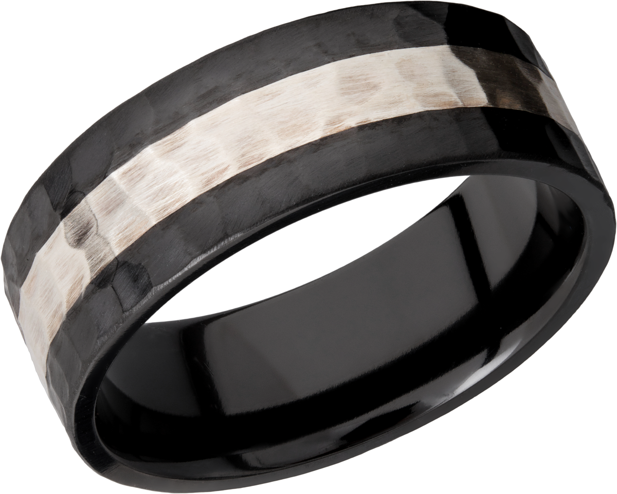 zirconium 8mm flat band with an inlay of sterling silver