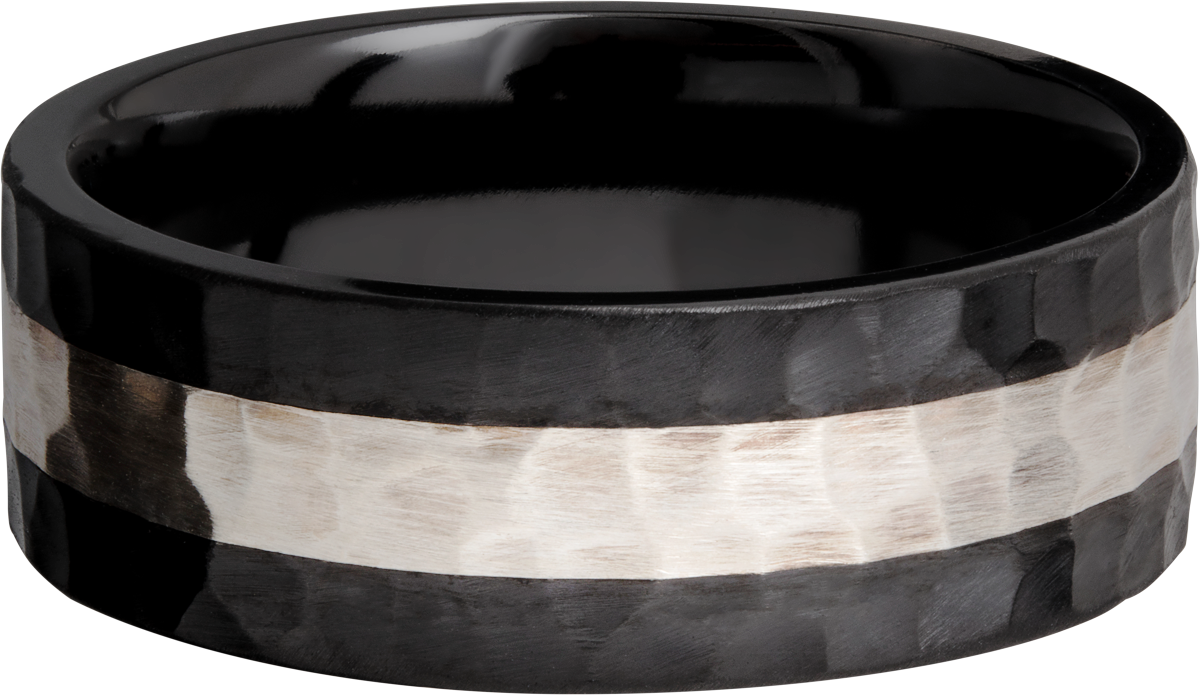 zirconium 8mm flat band with an inlay of sterling silver