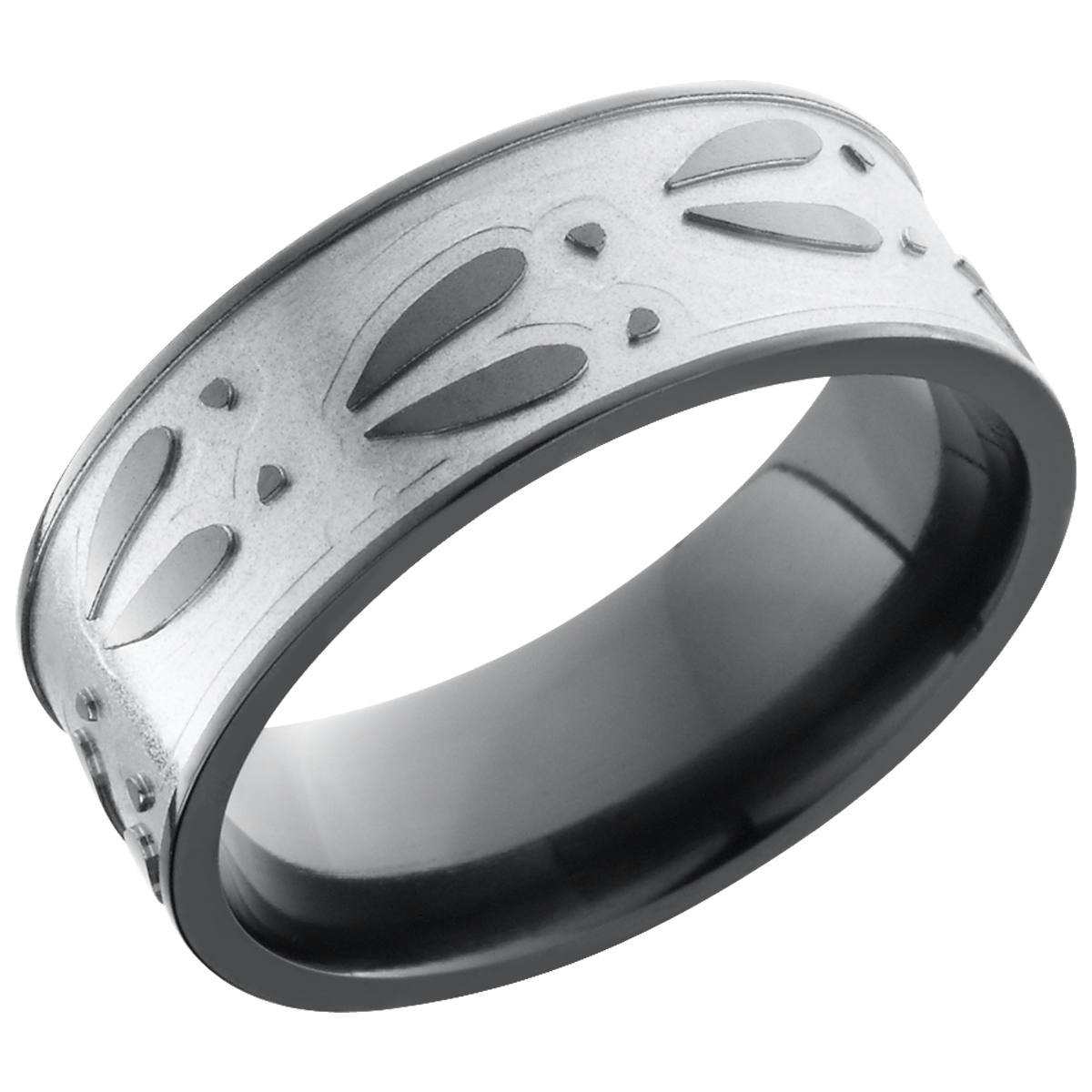 zirconium 8mm flat band with a laser-carved deer track pattern