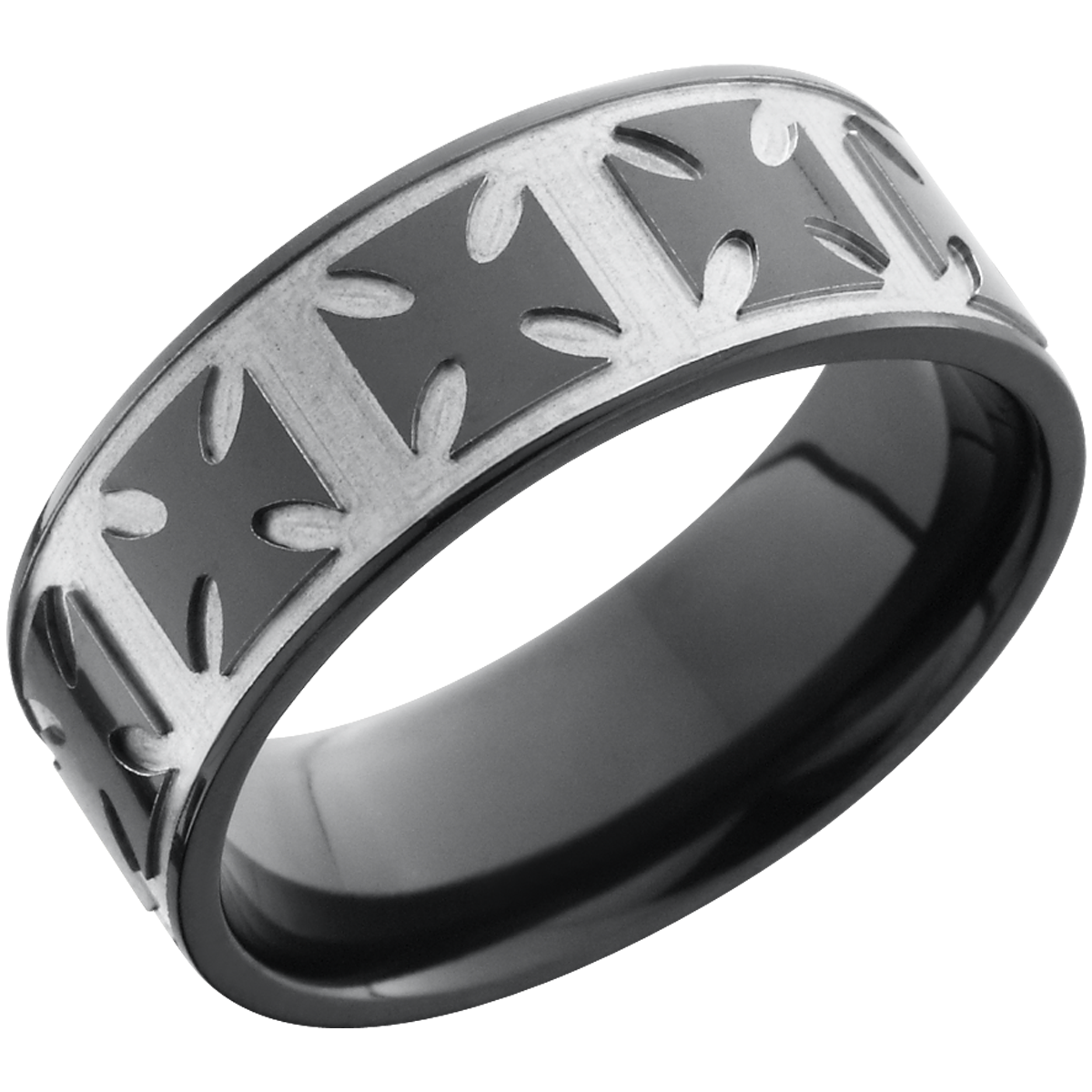 zirconium 8mm flat band with a laser-carved maltese pattern