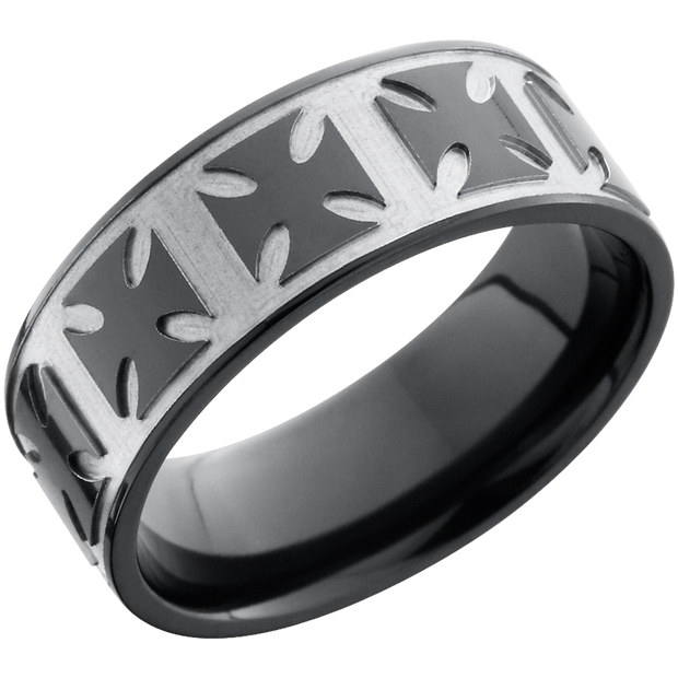Zirconium 8mm flat band with a laser-carved maltese pattern