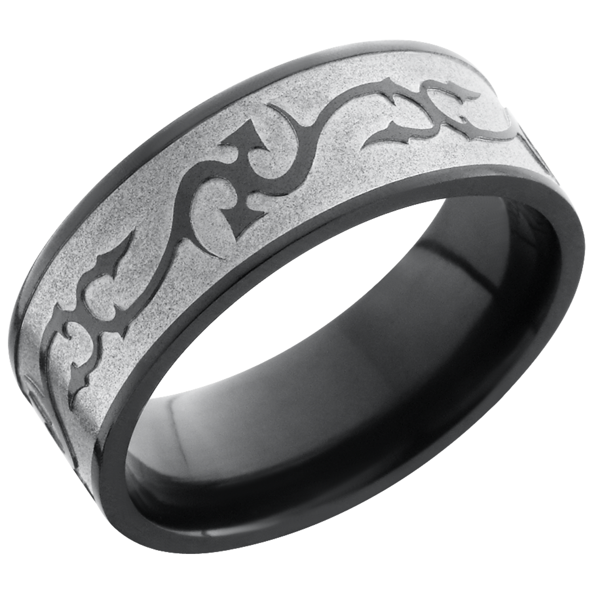 zirconium 8mm flat band with a laser-carved thorn pattern