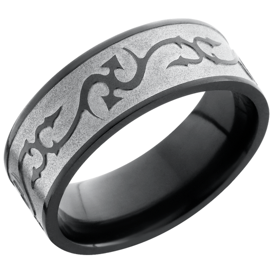 Zirconium 8mm flat band with a laser-carved thorn pattern