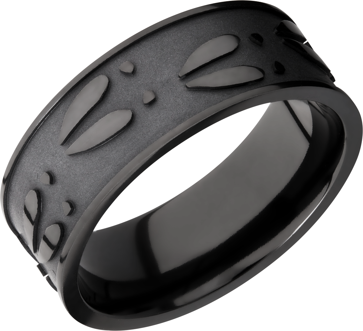 zirconium 8mm flat band with a laser-carved deer track pattern