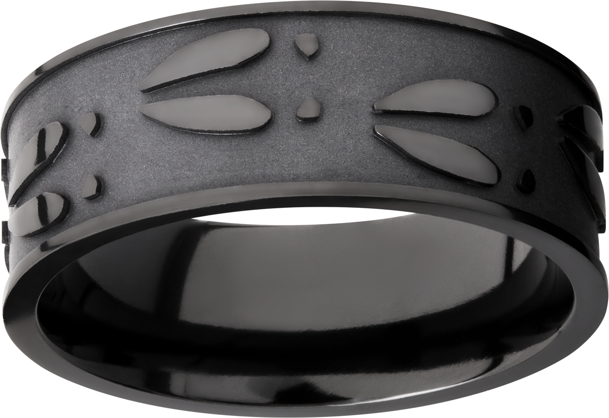 zirconium 8mm flat band with a laser-carved deer track pattern