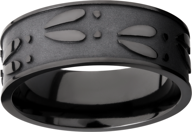 Zirconium 8mm flat band with a laser-carved deer track pattern
