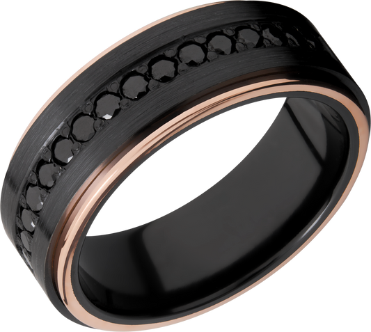 Zirconium 8mm flat band with 14K rose gold grooved edges and 16, .04ct bead-set eternity black diamonds