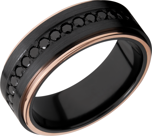 Zirconium 8mm flat band with 14K rose gold grooved edges and 16, .04ct bead-set eternity black diamonds