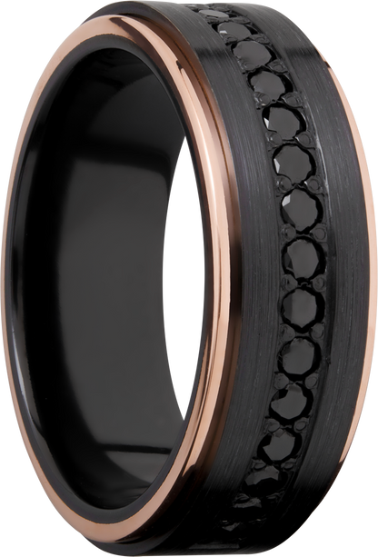 Zirconium 8mm flat band with 14K rose gold grooved edges and 16, .04ct bead-set eternity black diamonds