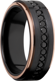 Zirconium 8mm flat band with 14K rose gold grooved edges and 16, .04ct bead-set eternity black diamonds
