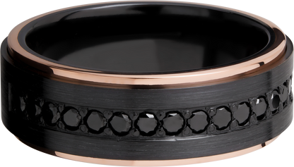 Zirconium 8mm flat band with 14K rose gold grooved edges and 16, .04ct bead-set eternity black diamonds