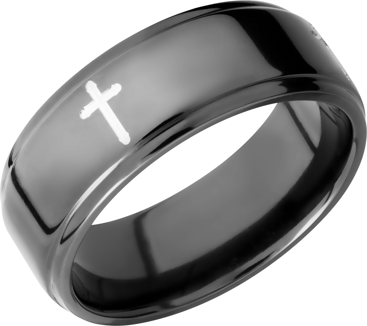 zirconium 8mm flat band with grooved edges and a laser-carved cross pattern