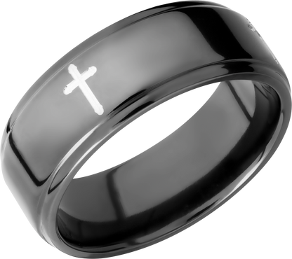 Zirconium 8mm flat band with grooved edges and a laser-carved cross pattern