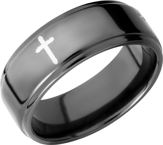 Zirconium 8mm flat band with grooved edges and a laser-carved cross pattern