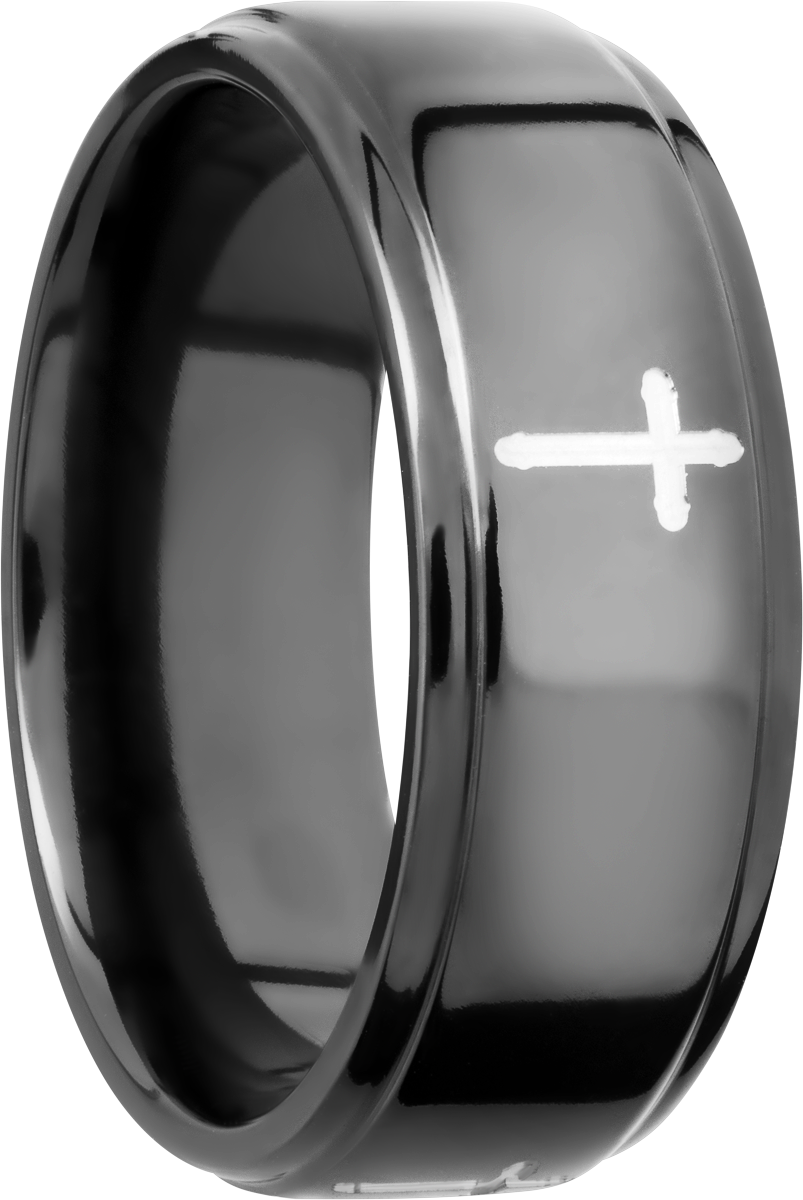 zirconium 8mm flat band with grooved edges and a laser-carved cross pattern