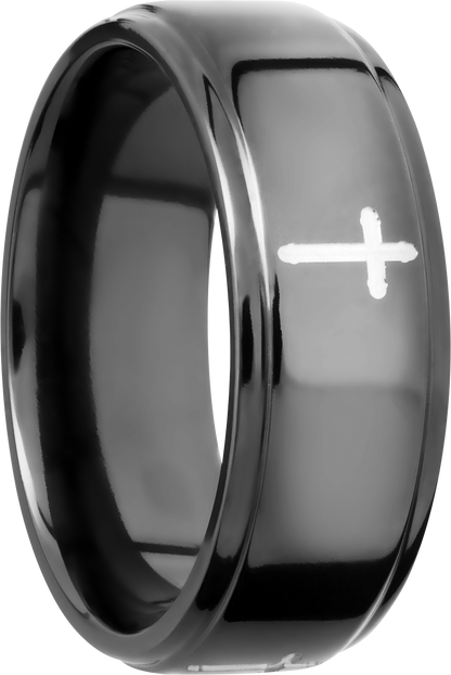 Zirconium 8mm flat band with grooved edges and a laser-carved cross pattern