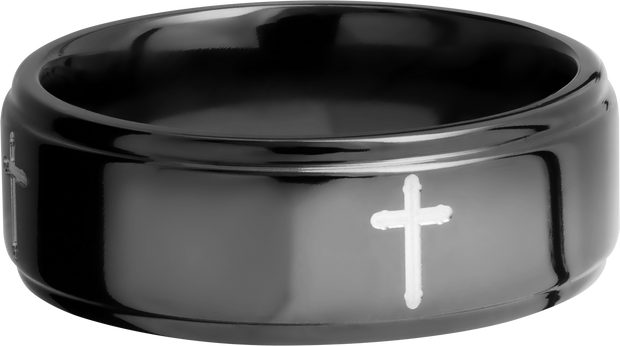 Zirconium 8mm flat band with grooved edges and a laser-carved cross pattern