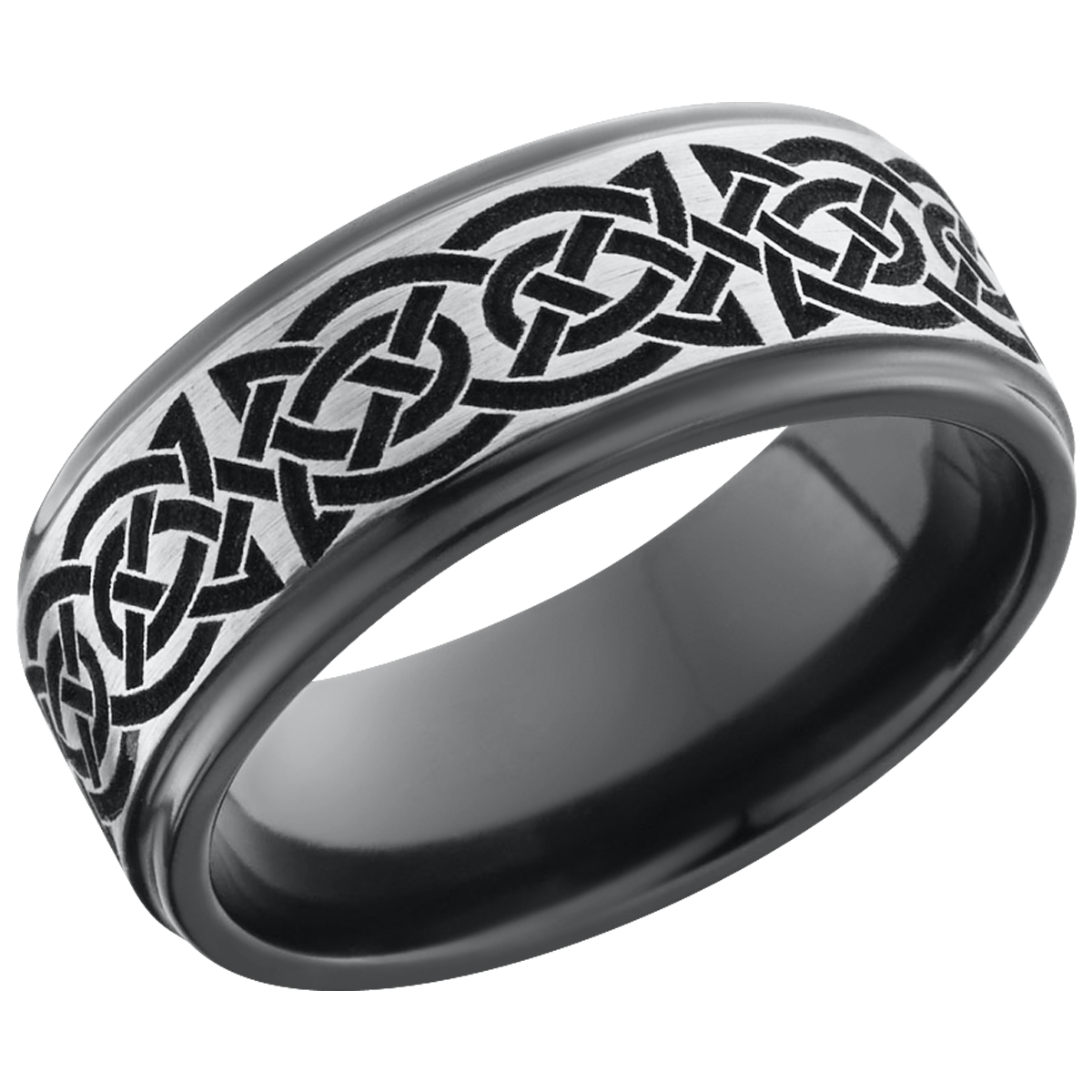 zirconium 8mm flat band with a laser-carved celtic pattern