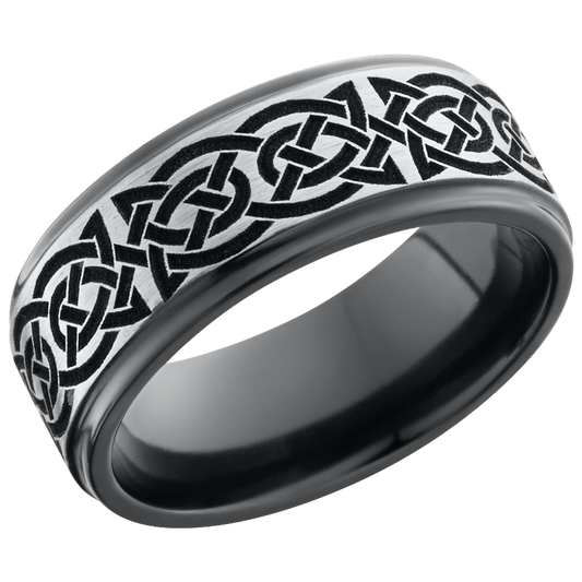 Zirconium 8mm flat band with a laser-carved celtic pattern