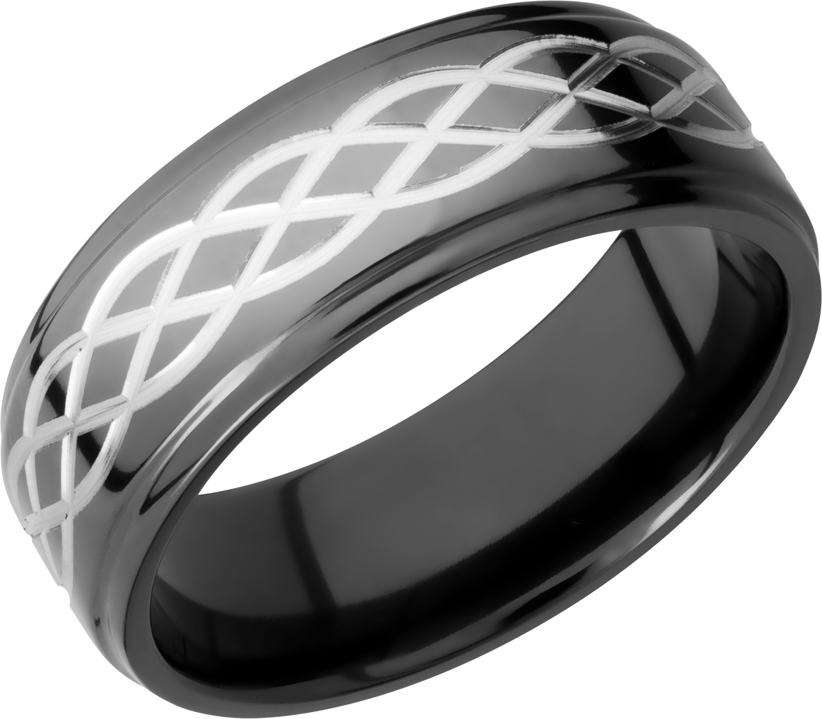 zirconium 8mm flat band with a laser-carved celtic pattern