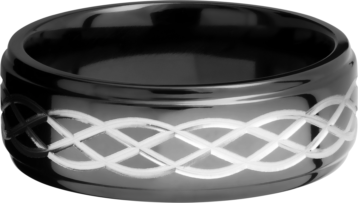 zirconium 8mm flat band with a laser-carved celtic pattern