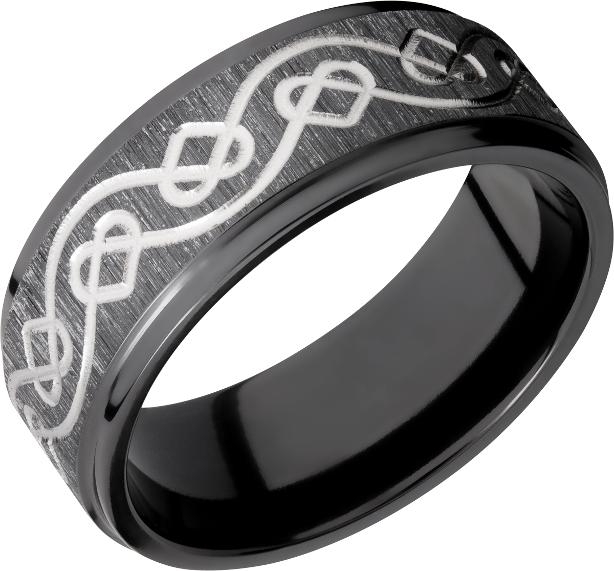 zirconium 8mm flat band with a laser-carved celtic heart pattern