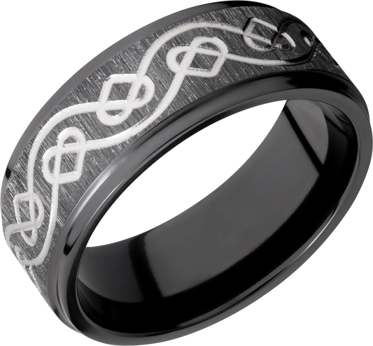 Zirconium 8mm flat band with a laser-carved celtic heart pattern