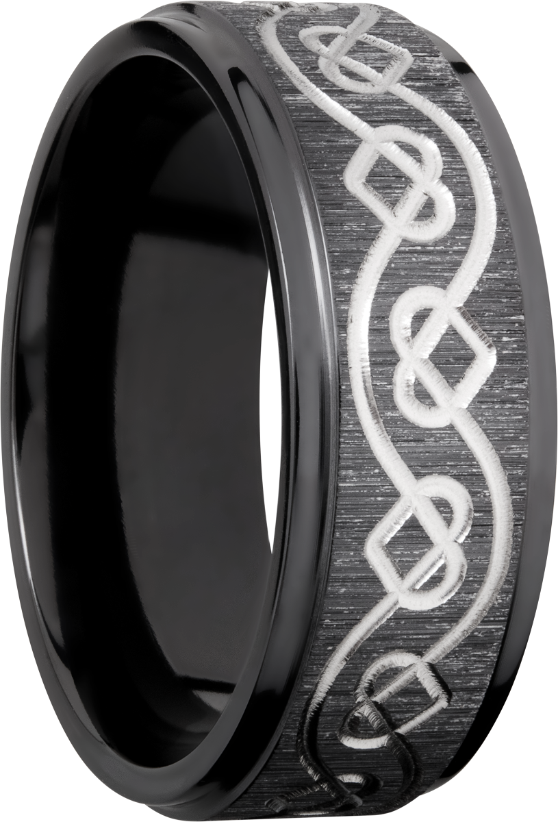 zirconium 8mm flat band with a laser-carved celtic heart pattern