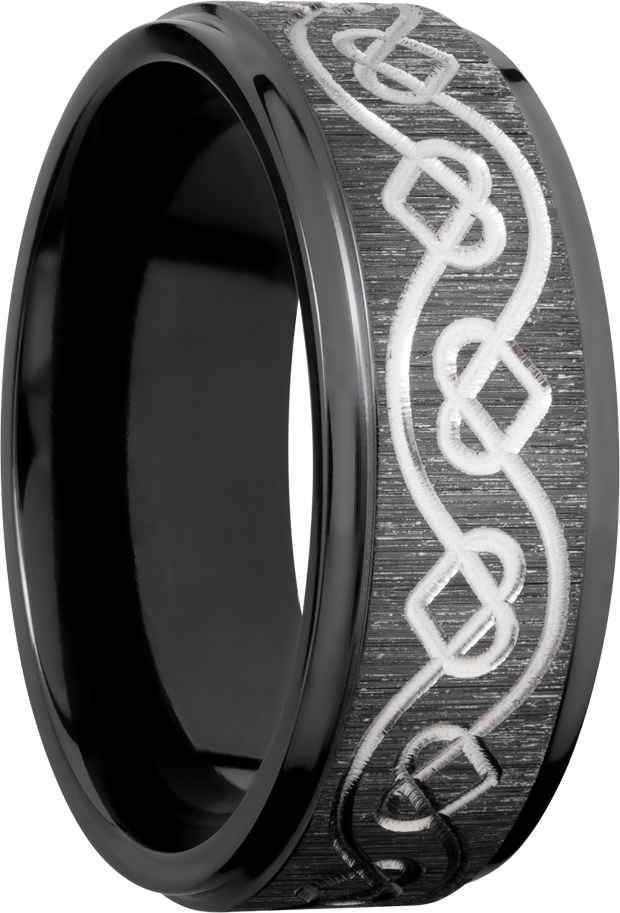 Zirconium 8mm flat band with a laser-carved celtic heart pattern