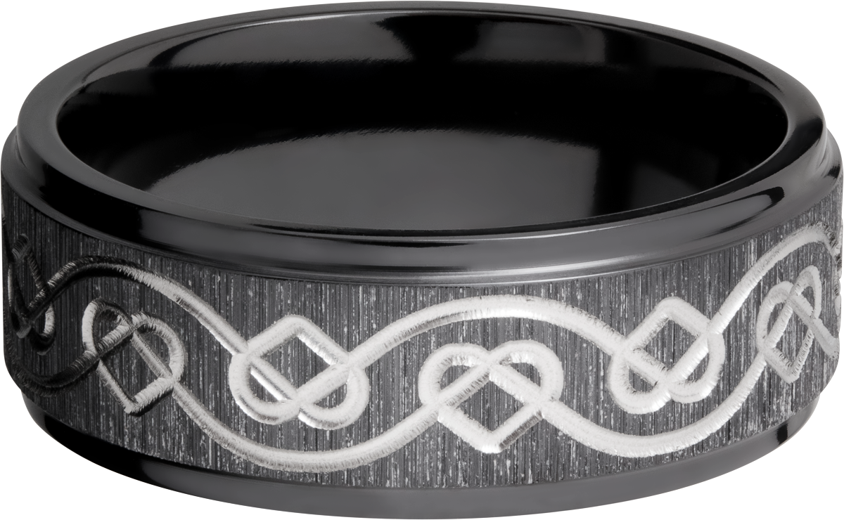 zirconium 8mm flat band with a laser-carved celtic heart pattern