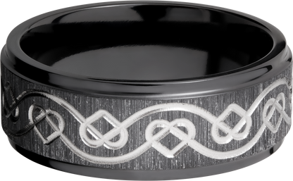 Zirconium 8mm flat band with a laser-carved celtic heart pattern