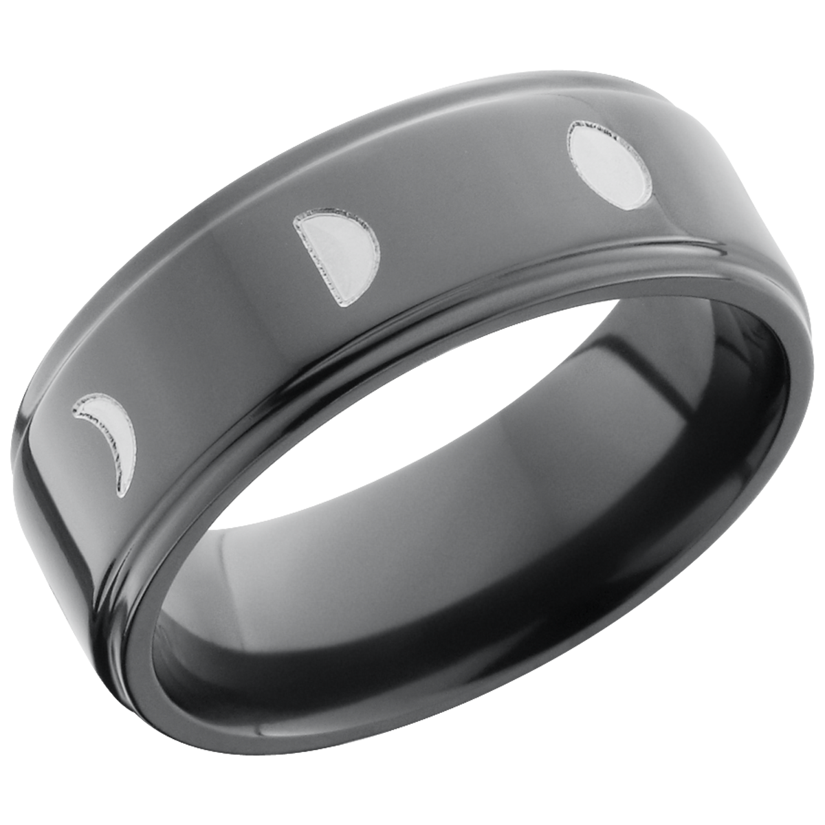 zirconium 8mm flat band with a laser-carved moon phase pattern