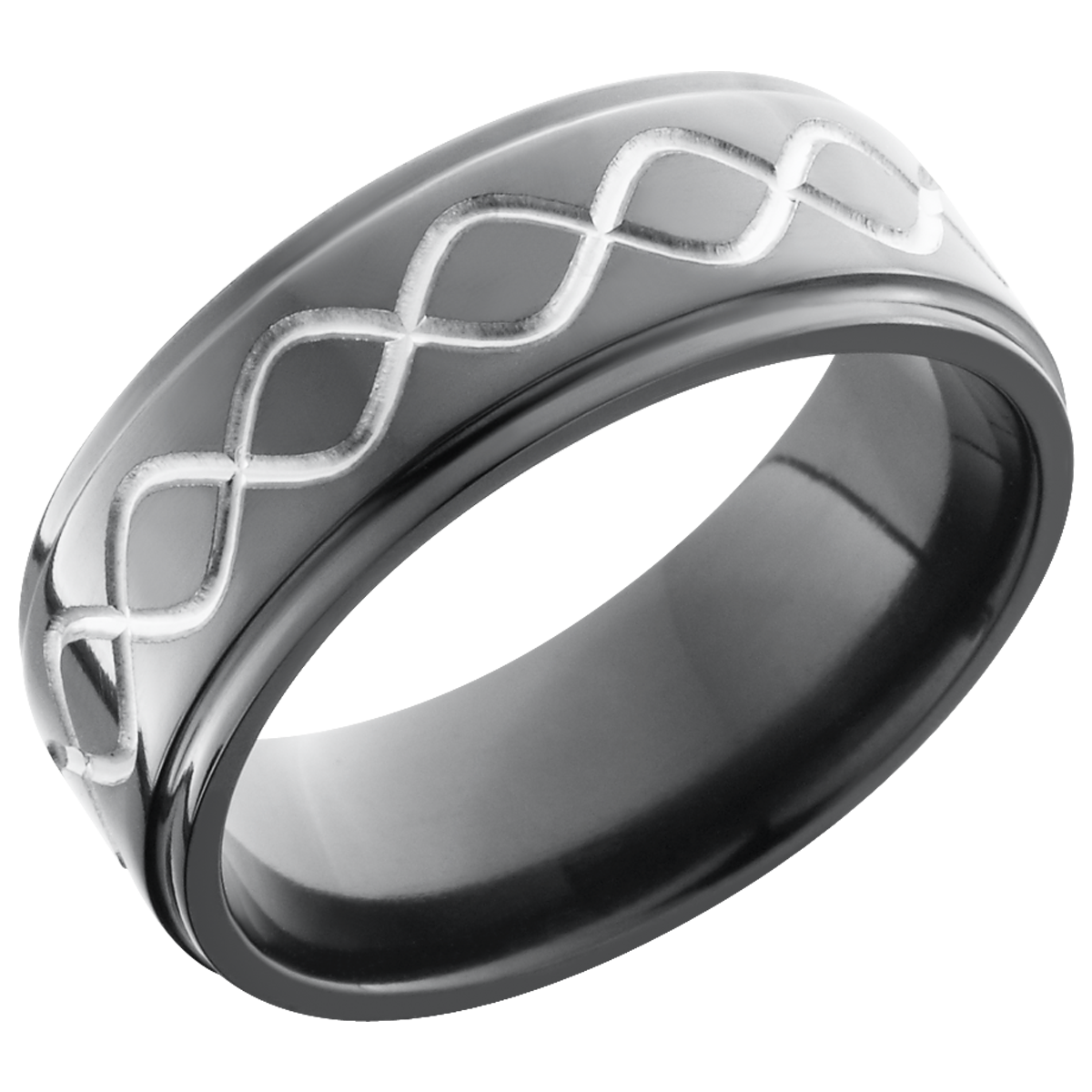 zirconium 8mm flat band with a laser-carved tall infinity pattern