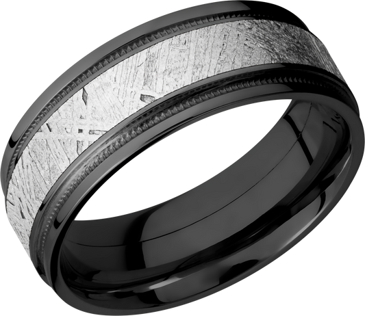 Zirconium 8mm flat band with reverse milgrain and an inlay of authentic Gibeon Meteorite